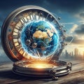 A clock and a globe morphed together, creating a time