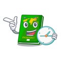 With clock green passport in the cartoon shape