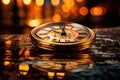 Clock with the hands approaching 12 o\'clock at night on the background of a bokeh of yellow lights. New Year\'s Holiday