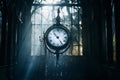 a clock hanging from the ceiling in a dark room Royalty Free Stock Photo