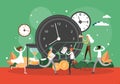 Clock, hourglass, office people running in panic with documents. Time management, deadline, urgent work, vector. Royalty Free Stock Photo