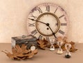 Clock, Hourglasses, Wristwatch, and Pocketwatch with Autumn Leaves