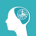 The clock in the human head. The brain thinks about time. Vector illustration Royalty Free Stock Photo