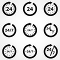 Clock icon collection. Organization work schedule 24 7. Set of pictograms for design, vector illustration Royalty Free Stock Photo