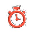 Clock icon in comic style. Watch cartoon vector illustration on white isolated background. Timer splash effect business concept