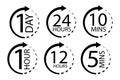 Clock icon with different times. Delivery or service symbol. Day, hour, minute of work. Vector illustration