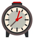 Clock icon. Flat round timepiece with red button on top