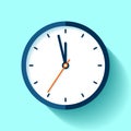 Clock icon in flat style, round timer on blue background. Five minutes to twelve. Simple watch. Vector design element for you busi Royalty Free Stock Photo