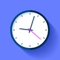 Clock icon in flat style, round timer on blue background. Nine o`clock. Simple watch. Vector design element for you business proje Royalty Free Stock Photo