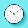 Clock icon in flat style, round timer on blue background. Twenty-four hour watch. Simple business object