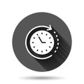 Clock icon in flat style. Watch vector illustration on black round background with long shadow effect. Timer circle button Royalty Free Stock Photo