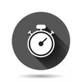 Clock icon in flat style. Watch vector illustration on black round background with long shadow effect. Timer circle button Royalty Free Stock Photo