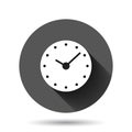 Clock icon in flat style. Watch vector illustration on black round background with long shadow effect. Timer circle button Royalty Free Stock Photo