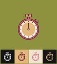 Clock icon. Flat vector illustration on colored backgrounds. Pink simple stopwatch