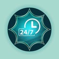 24/7 clock icon magical glassy sunburst blue button sky blue background Royalty Free Stock Photo