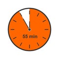 Clock icon with 55 minute time interval. Countdown timer or stopwatch symbol. Waiting midnight, New Year night concept