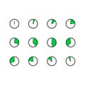 Clock icon set. Vector icon. Watch symbol. Time sign. Twelve round clock with different indications