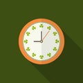 Clock Icon With Shamrocks And Long Shadow. Positive Start Of The Day Concept