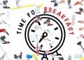 Clock icon with time for breakfast text against multiple hand holding tools against white background