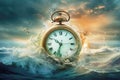 A clock immersed in a flood, illustrating the profound concept of sea-level rise and the ever-dwindling timeframe to confront the