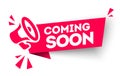 Modern red vector banner ribbon coming soon with megaphone. Web element.