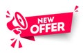 Modern red vector banner ribbon new offer with megaphone. Web element.