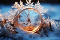 A clock among large snowflakes shows the approach of the new year