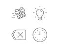 Clock, Light bulb and Gift box line icons.