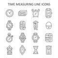 Clock line icon set. Time measuring symbol vector collection with clock, wrist watch, hourglass, Cuckoo-clock, smart watch, Royalty Free Stock Photo