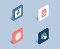 Clock, Load document and Video file icons. Click sign. Time or watch, Download arrowhead, Vlog page.