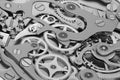 Clock machinery 3D rendering with gears close-up view grayscale