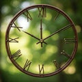 A clock made of branches with Roman numerals against the background of a forest. Royalty Free Stock Photo