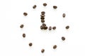 Clock made from coffee beans on white background, love coffee