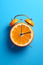 Clock made out of orange sliced in half on blue background. Generative AI