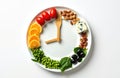 Clock made of various food items including fruit and vegetables on a plate. Fork represents clock hands symbolizing meal time Royalty Free Stock Photo
