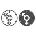 Clock, male and female symbols, arrows, love line and solid icon, dating concept, timepiece vector sign on white