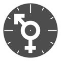 Clock, male and female symbols, arrows, love solid icon, dating concept, timepiece vector sign on white background