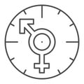 Clock, male and female symbols, arrows, love thin line icon, dating concept, timepiece vector sign on white background