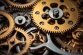 Clock mechanism with gears and cogs. Closeup macro shot. Generative Ai Royalty Free Stock Photo