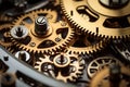 Clock mechanism with gears and cogs. Closeup macro shot. Generative Ai Royalty Free Stock Photo