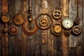 Clock mechanism parts on wooden background