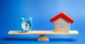 A clock and a miniature house on the scales. Mortgage and loan concept. Real estate and risks. Property insurance. Credit. Tax Royalty Free Stock Photo