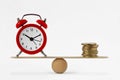 Clock and money on scales - Balance between time and money, time is money concept