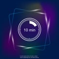 Clock neon light icon indicating the time span of 10 minutes. Th Royalty Free Stock Photo