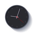 Clock icon in flat style, round black timer on white background. Four minutes past nine. Simple watch. Vector design element for y