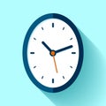 Clock icon in flat style, oval timer on blue background. Business watch. Vector design element for you project