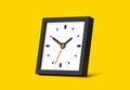 Clock squre icon in flat style, black 3d timer on yellow background. Business watch. Volume vector design element for you project