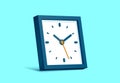 Clock squre icon in flat style, blue 3d timer on turquoise background. Business watch. Volume vector design element for you projec