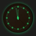 Round wooden wall clock with green glow in the dark. Vector illustration. Royalty Free Stock Photo