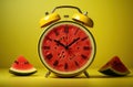 Clock paired with a watermelon slice on a sunny yellow canvas, relaxing summer scene